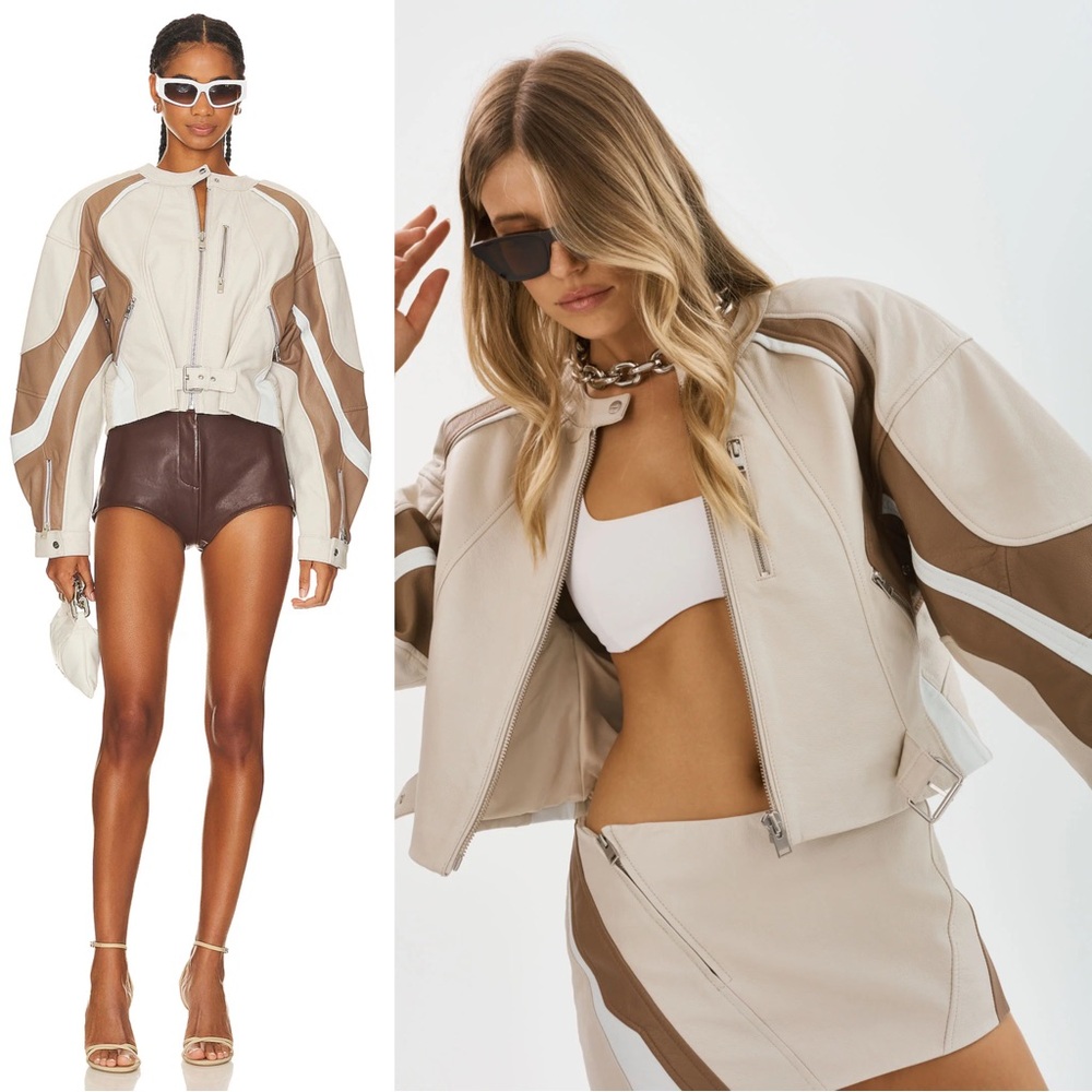 Lamarque Dustin Leather Moto Jacket in Beige Leather Small $875
